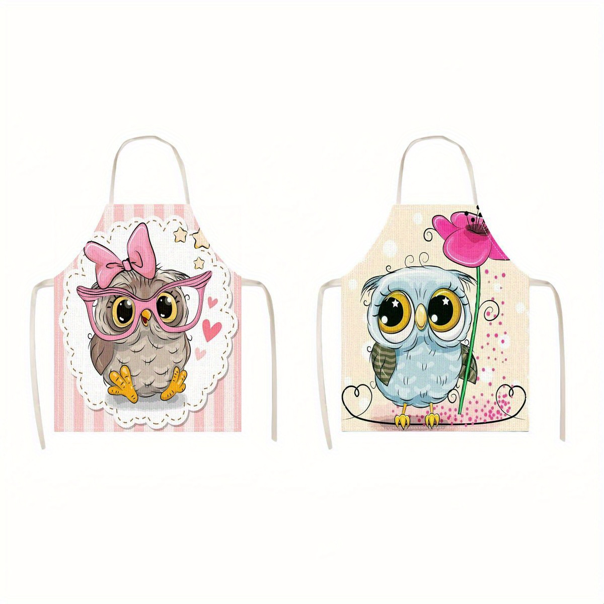 TEMU Set Of 2 Cartoon Owl Couples Aprons, 100% Polyester Woven Kitchen Aprons For Cooking, Baking & Bbq, Creative Matching Aprons For Romantic