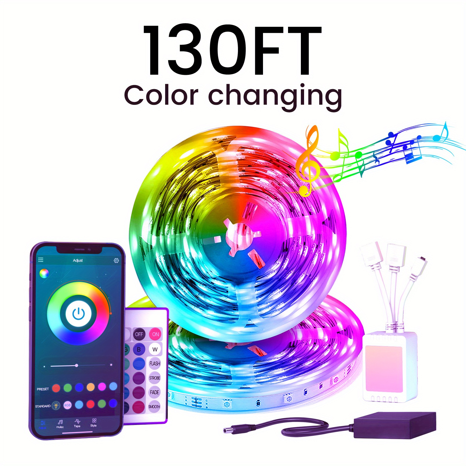 

130ft 40m Led Strip Lights, Lights With App Control And Remote, Music Sync Color Changing Lights, Rgb Led Lights For Bedroom, Home, Party Decoration Strips (2 Rolls Of 20m)