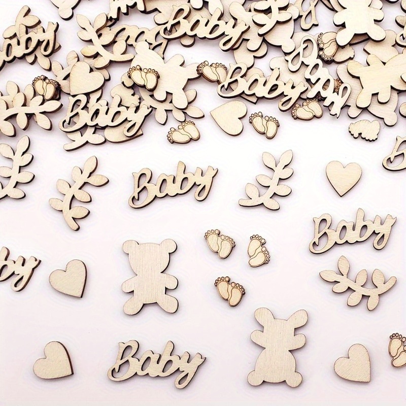 

100 pièces de confettis en bois pour baby shower, formes en bois brut pour baptême, décoration de table de baptême et embellissements artisanaux