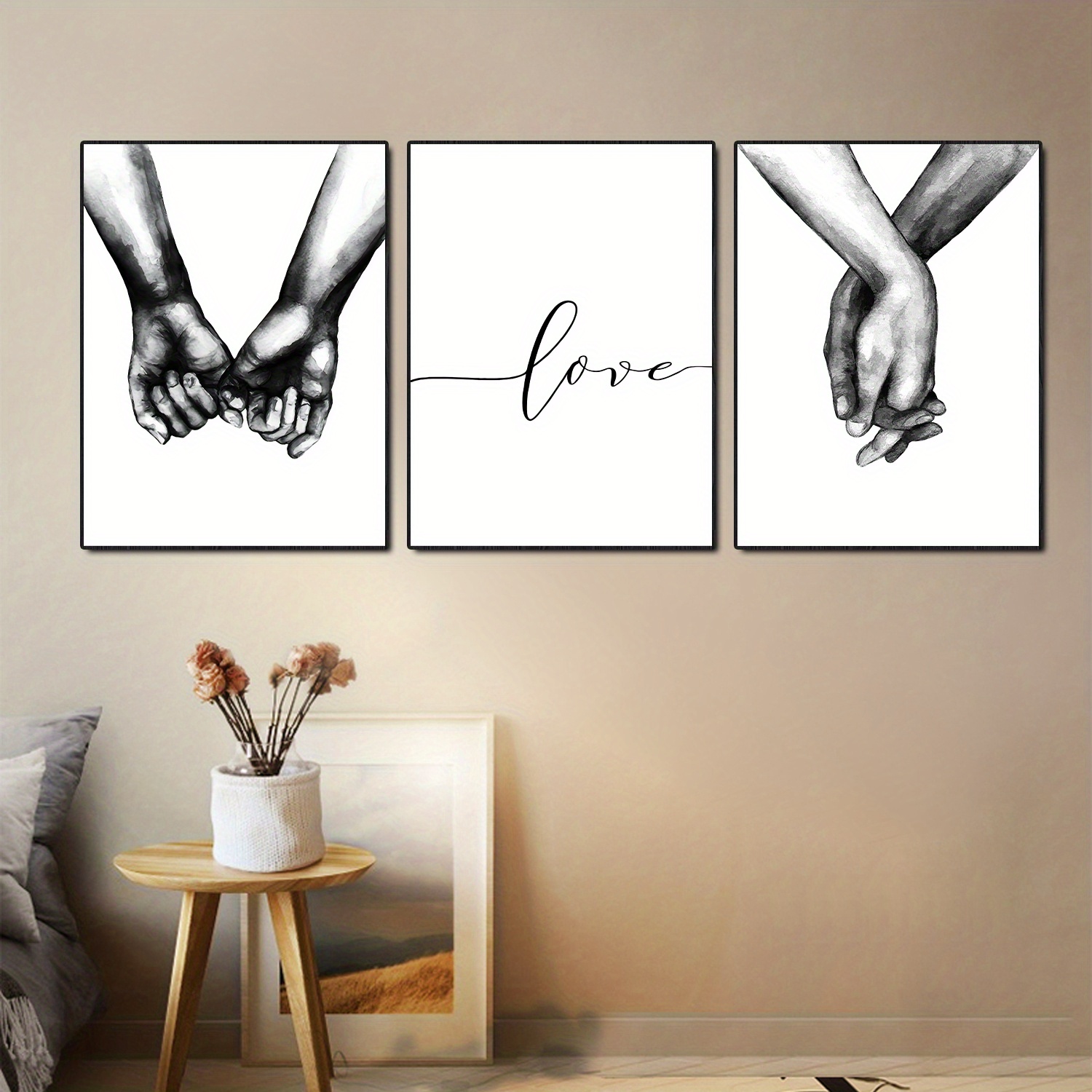 

3pcs/set Romantic Hand In Hand Wall Art Poster, Black And White Love Quotes Gift For Couples And Lovers Canvas Painting Posters, For Living Room Bedroom Bathroom Office Kitchen Wall Decors, Unframed