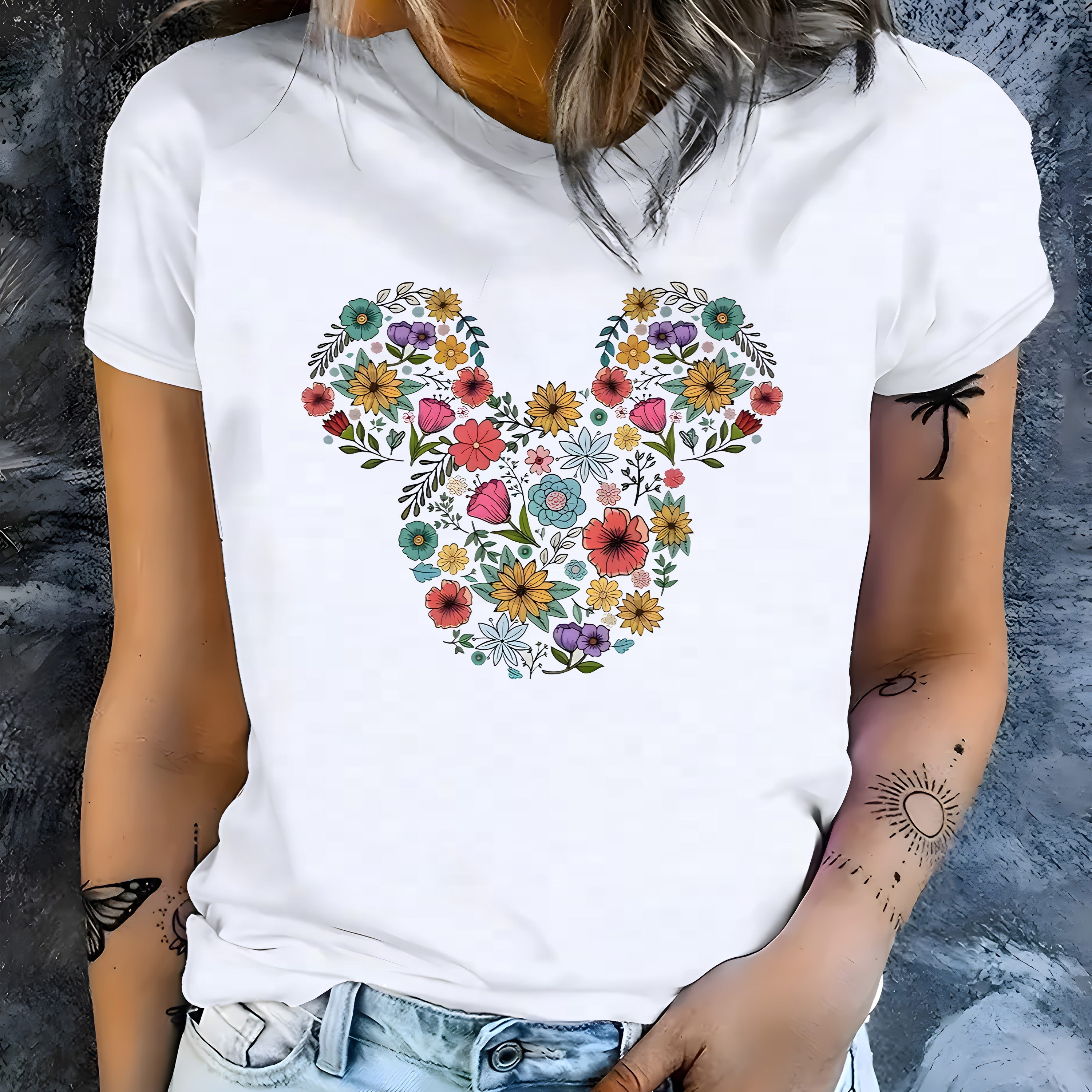 

Floral Mouse Print Comfy T-shirt, Round Neck Short Sleeve Sports Tee, Women's Activewear