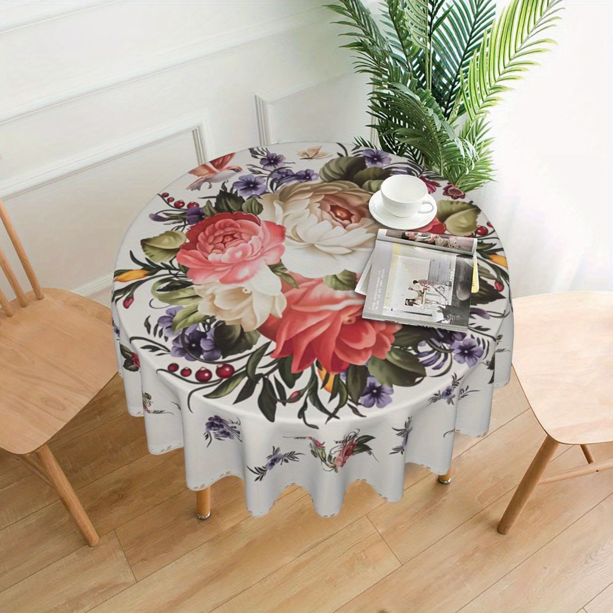 

1pc Waterproof & Oil-resistant Round Polyester Tablecloth With Vibrant Floral Print - Perfect For Dining, Coffee Tables & Holiday Parties