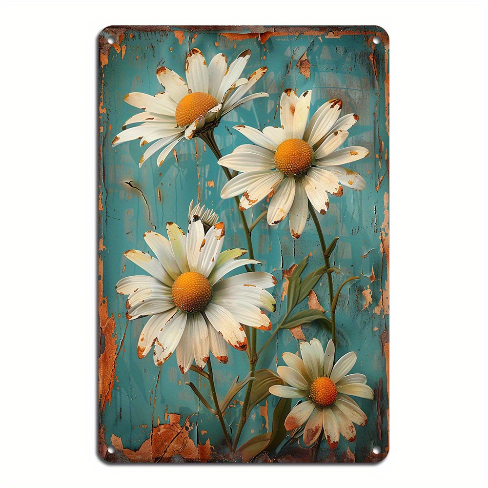 

White Daisy Retro Metal Tin Sign - , Easy-install Wall Decor For , Perfect Gift Idea (8x12 Inches)