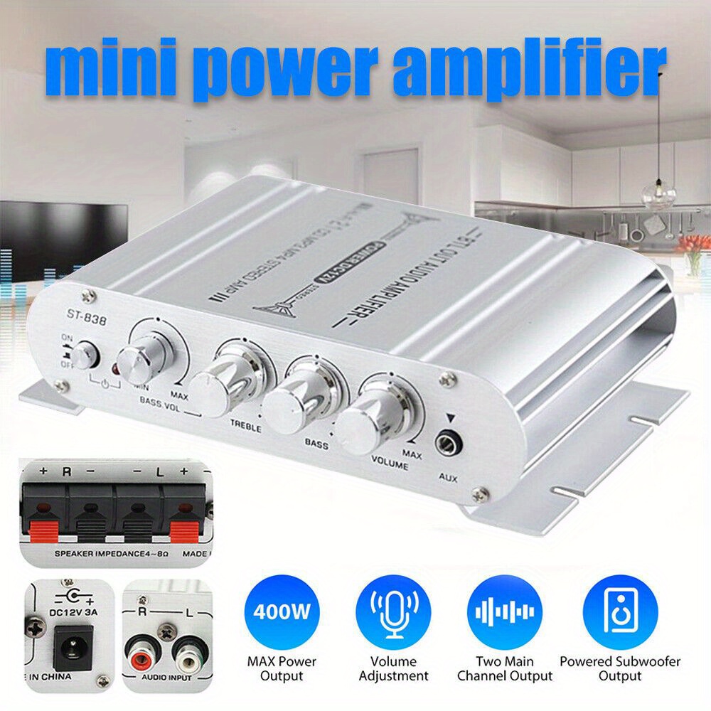 ST-838 2.1 Channel 400W Car Audio Amplifier with Aluminum Alloy Housing and Bass Boost