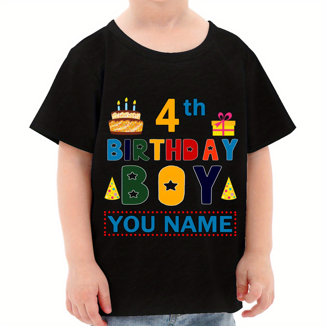 

[custom] 4th Birthday Boy Graphic And Letter Print Customizable Name Print T-shirt For Boys Kids Comfortable Top Short Sleeve T-shirt Suitable For Spring Summer Autumn Casual T-shirt Style