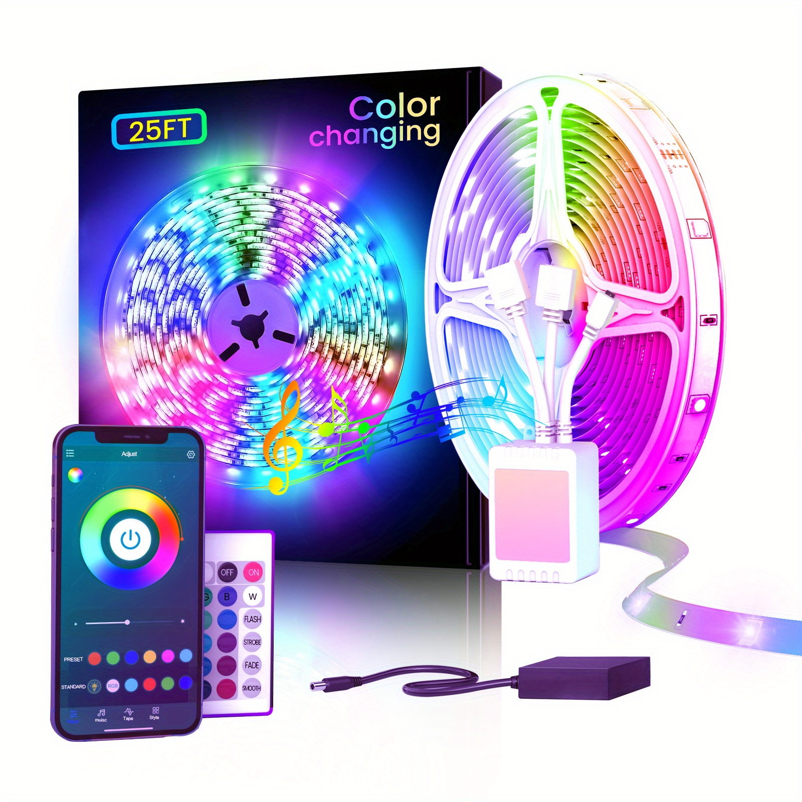 

25ft/7.5m Led Lights (1 Rolls Of 7.5m), With App Control Remote, Rgb Led Lights 24v For Bedroom, Home, Decoration Music Sync Color Changing Lights For Room Party