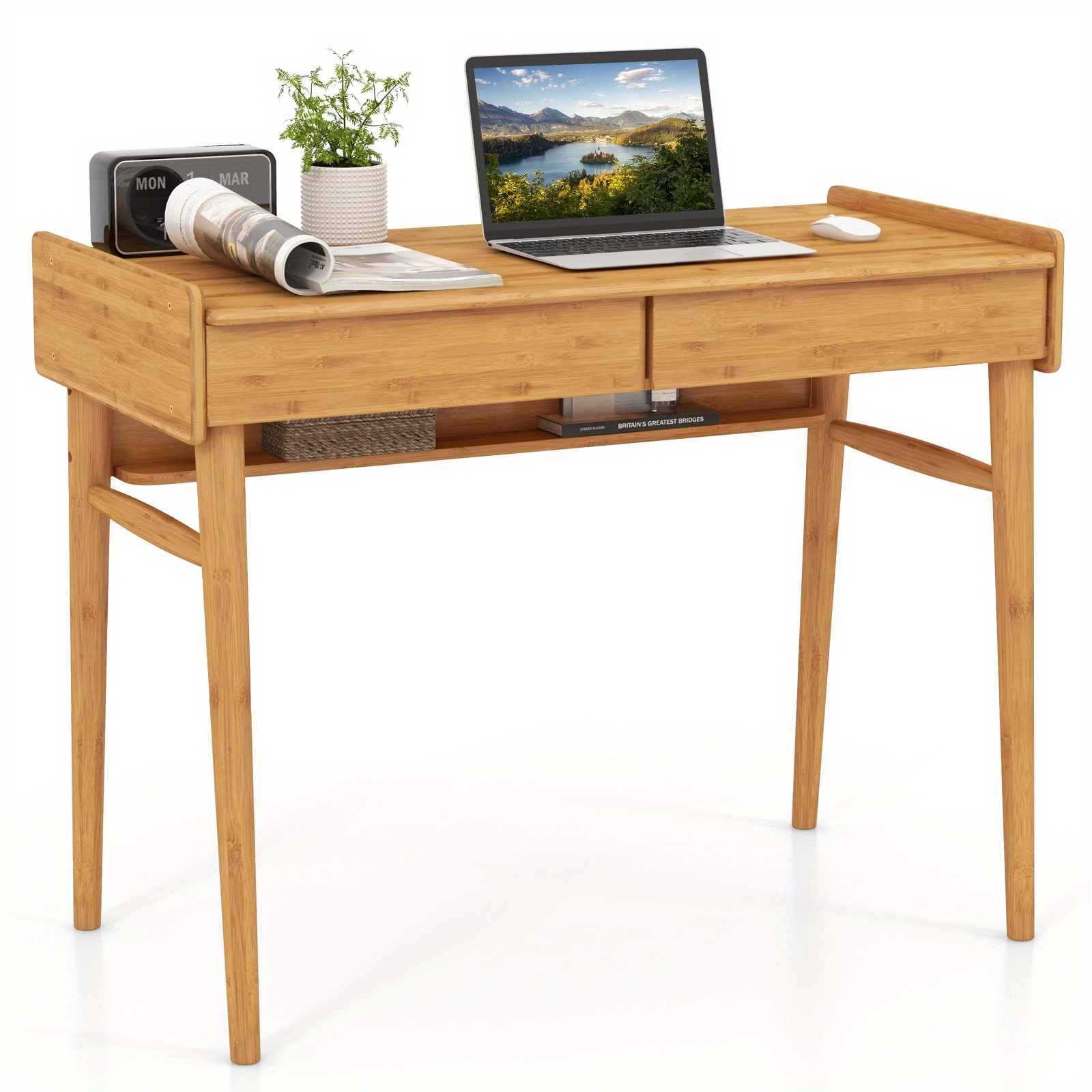 

Lifezeal Bamboo Writing Desk 39.5" Computer Study Desk W/ 2 Storage Drawers & Open Shelf