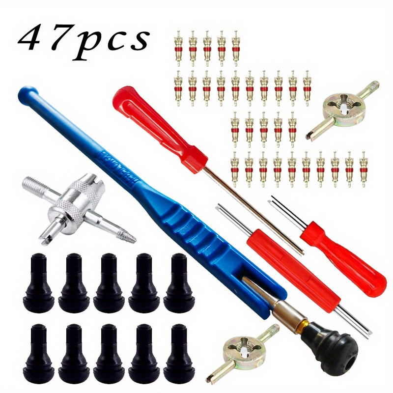 

47-piece Tire Valve Repair Kit With Valve Core Tool, T-handle And L-shape Lever, Tr412 Snap-in Valve Stems, Durable Valve Core Remover And Installer Tool Set For Cars - Uncharged, Without Battery