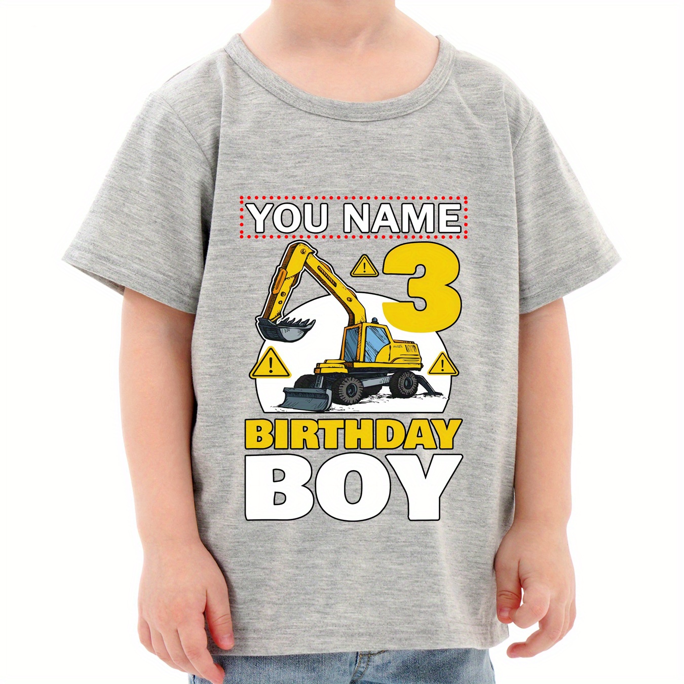 

[custom] Birthday Boy Excavator 3 Graphic And Letter Print Boys Customized Name Print Boys Kids T-shirt Tops Casual Handsome And Comfortable Tees For Boys Children