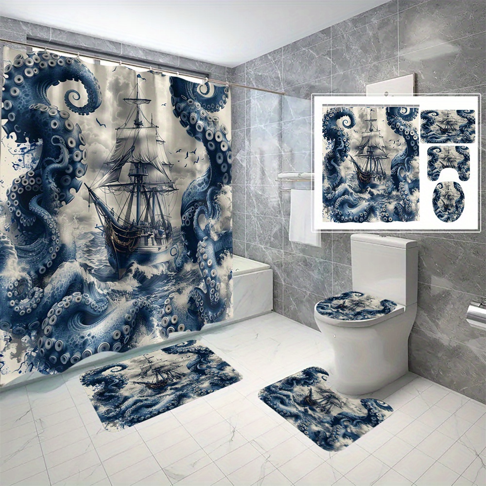 

4pcs Waterproof Shower Curtain Set With Cartoon Octopus & Design - Includes Non-slip Bath Mat, U-shaped Rug, Toilet Lid Cover, And 12 Hooks - Machine Washable Polyester Bathroom Decor