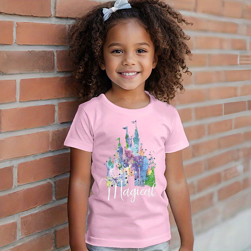 

Cute Girls' Comfortable Cartoon Castle & Magical Printed T-shirt, Short Sleeve, 95% Cotton, Casual Everyday Wear