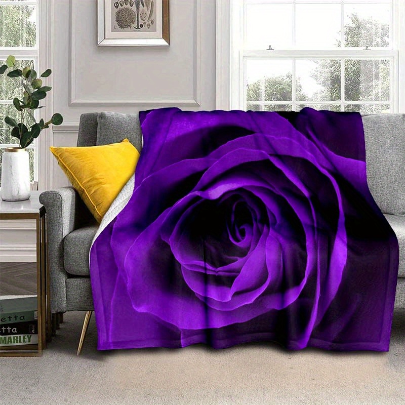 

1pc Microfiber Purple Rose Print Blanket - Soft, Warm, Multifunctional Throw For Sofa, Bed, Office, Car, Camping, Travel - All-season Elegant Floral Gift Blanket