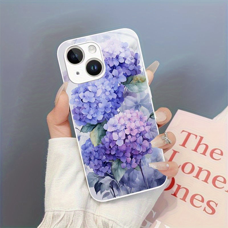 TEMU Hydrangea-inspired Anti-slip Tempered Glass Phone Case – Shockproof Cover Compatible With Iphone 12, 13 Series & 14, 15 Models
