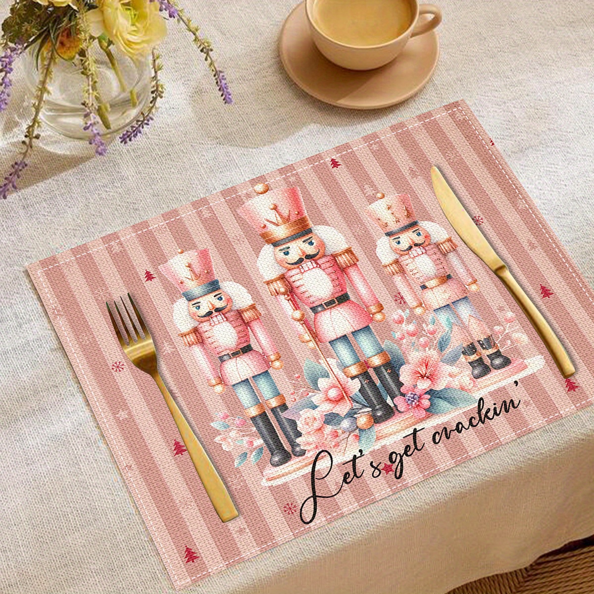 

Pink Christmas-themed Linen Placemats (4pcs Set) - Festive Table Mats For Holiday Dining & Party Decor, Rectangular, Hand Wash Only, 16.5"x12.5