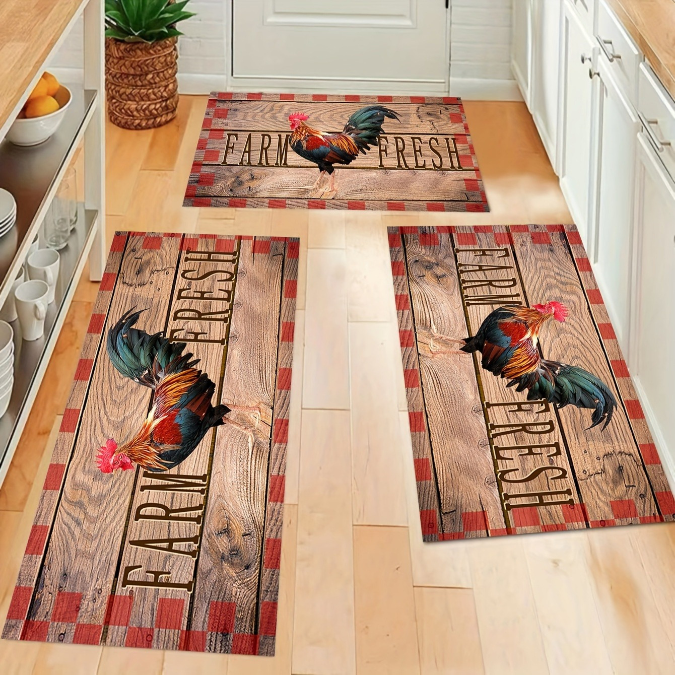 

3-piece Rooster Kitchen Rug Set, Farm Fresh Design, Non-slip Absorbent Polyester Flannel Rugs For Bedroom, Living Room, Laundry, Bathroom - Machine Washable, Rustic Home Decor