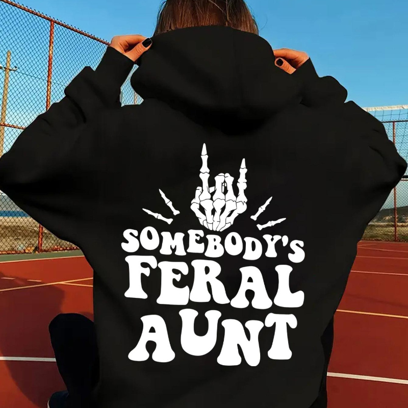 

Aunt Print Kangaroo Pocket Hoodie, Casual Long Sleeve Drawstring Hooded Sweatshirt, Women's Clothing