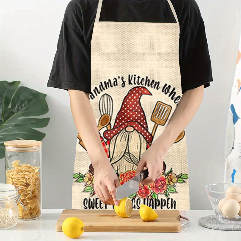 

Grandma's Kitchen Linen Apron - Unisex Fashion Printed Cooking Apron With Pockets, Woven 100% Linen Material, Thick Adjustable Apron For Bbq, Kitchen Decor, Household Duties - Jit1pc