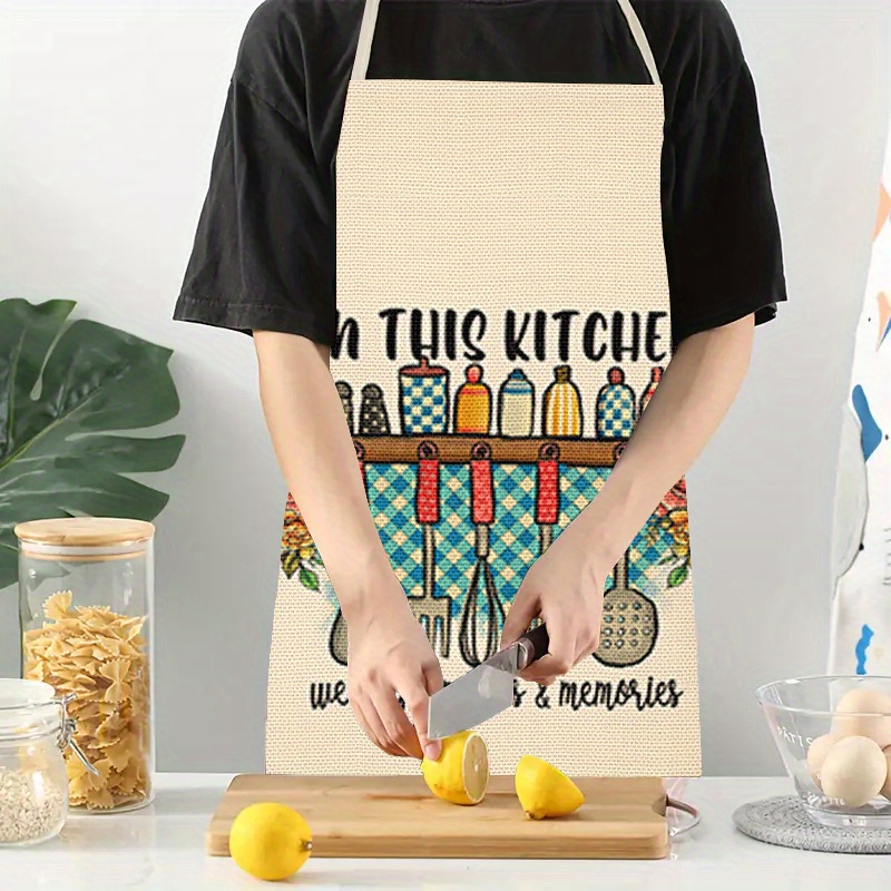 

Linen Kitchen Apron - Woven 100% Linen Fabric, Unisex Fashion Print Apron With Pocket, Thick Cooking Apron For Baking Bbq, Decorative Home Wear, Durable Household Work Garments, Kitchen Accessories