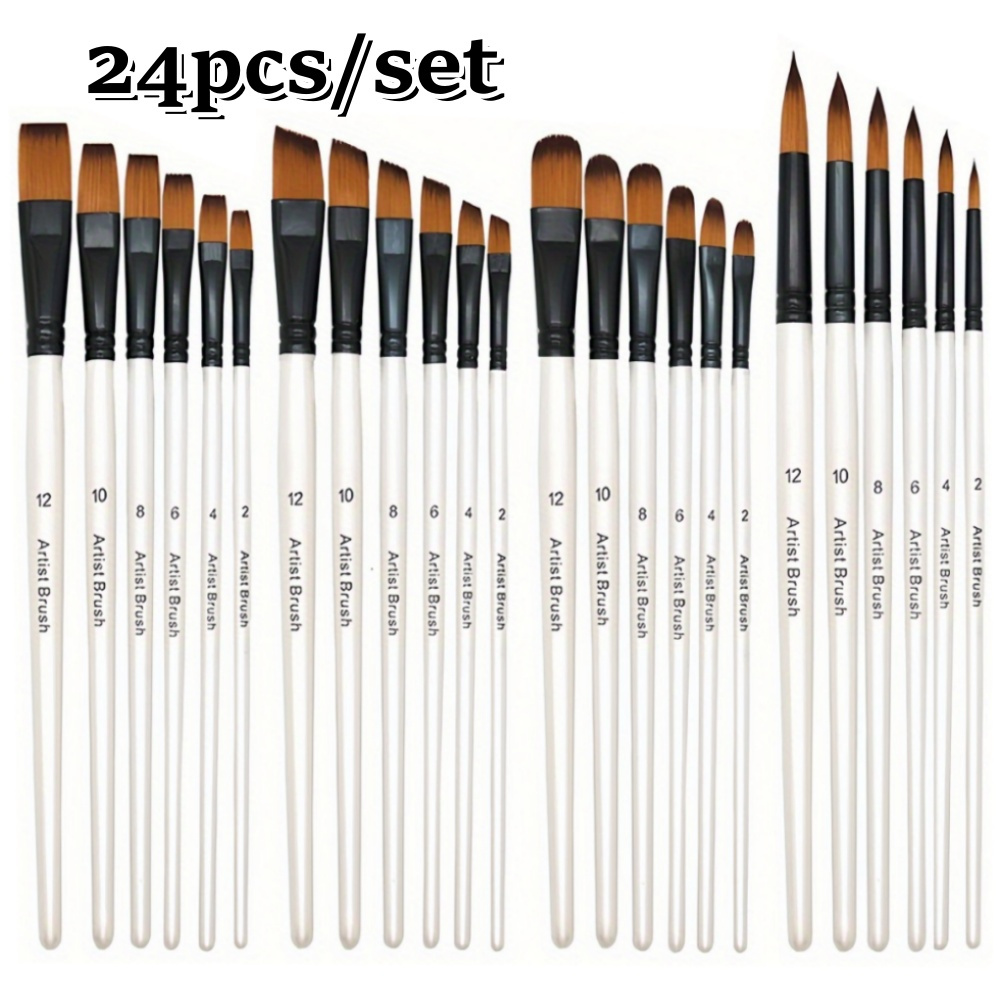 

24pcs Artist Paint Brush Set With Nylon - Includes Flat, Round, , Angle & Detail Brushes For Acrylic, Oil, Watercolor & Gouache - Artists & Hobbyists, Painting Art Supplies