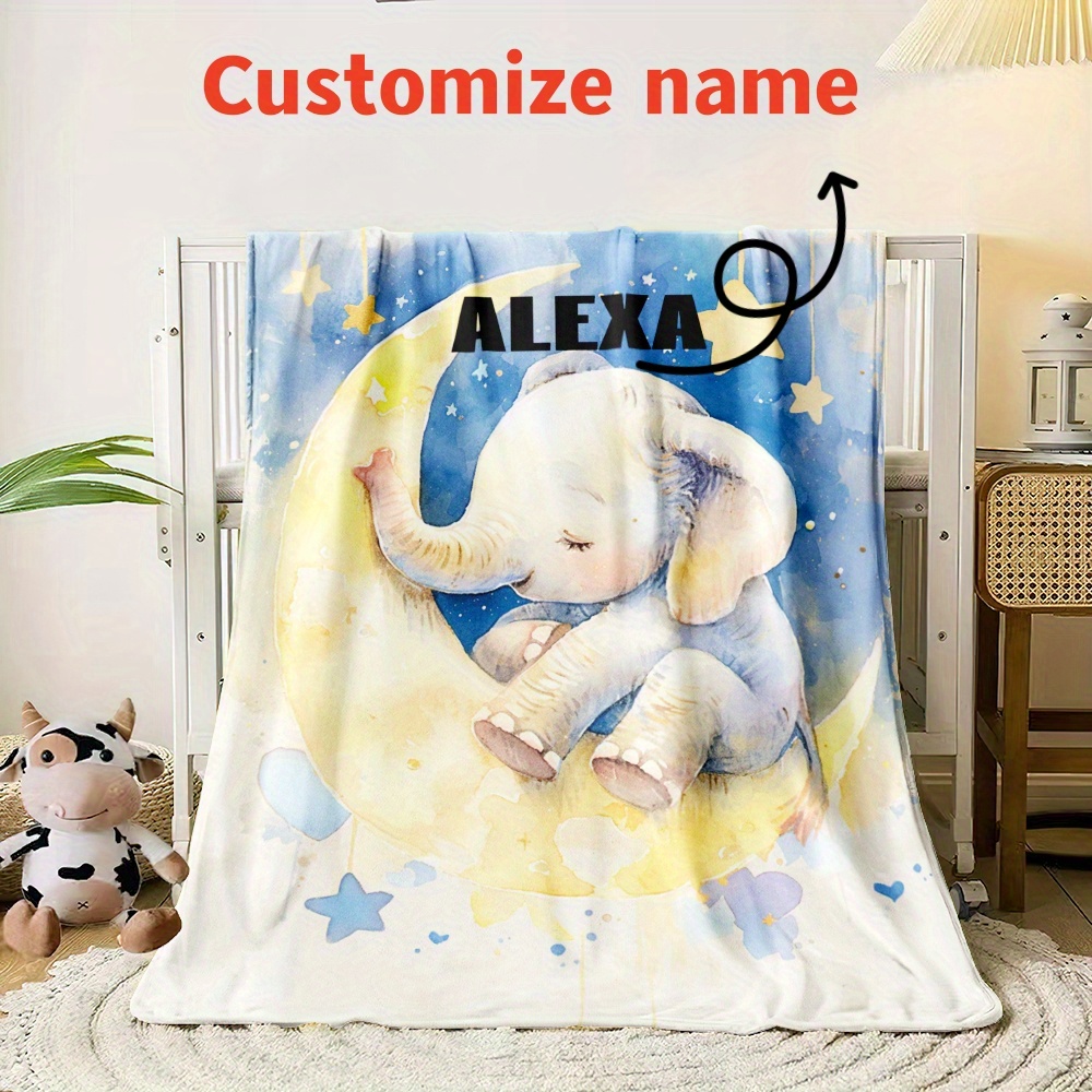 

1pc Customize Name Personalized Cute Elephant Sleeping Blanket, Custom Name Design Cozy For Sofa, Bed, Travel, Camping - High-definition Digital Printing, Versatile Use, Perfect Gift Idea