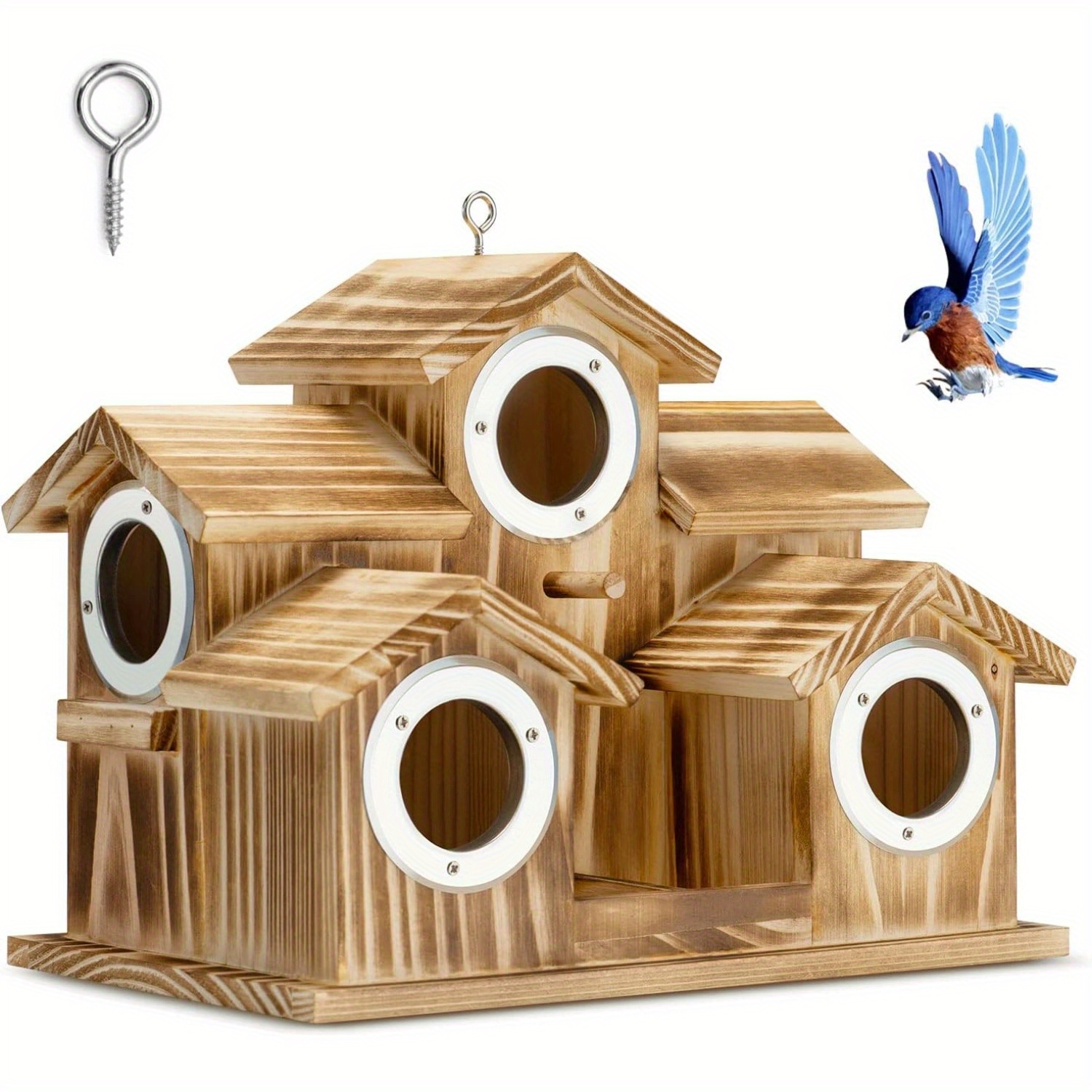 

Bird Houses For Outside 5 Hole Wooden Natural Birdhouse With Metal Guard Finch Handmade Hanging Birdhouse For Garden Backyard Courtyard (brown)