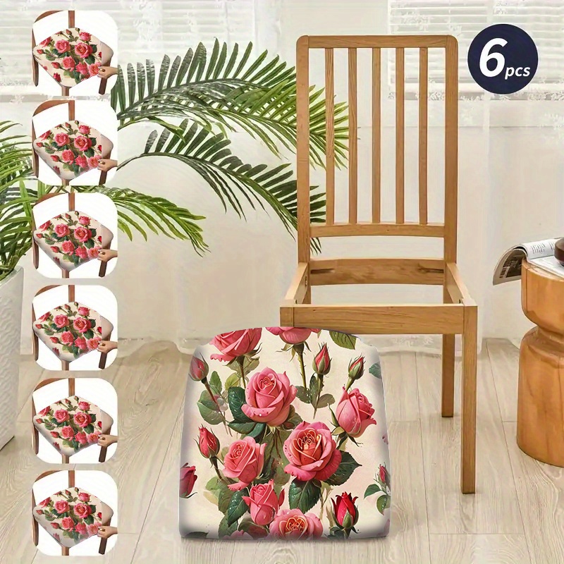 

Stretchable Rose Print Chair Covers 2/4/6 Piece - Soft, Elastic Slipcovers Toward Dining & Office Chairs, Dust & Stain Resistant, Easy Care