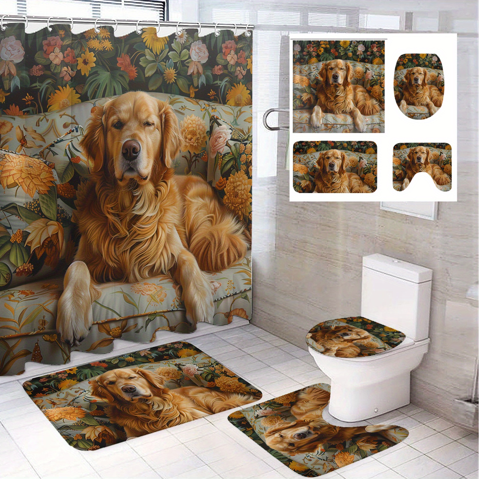 

Golden Retriever Printed Modern Bathroom Set: Includes 71"x71" Shower Curtain, 45"x17.7" Rug, 38"x15" Toilet Seat Cover, And 37"x14.6" U-shaped Mat - Perfect For Dog Lovers
