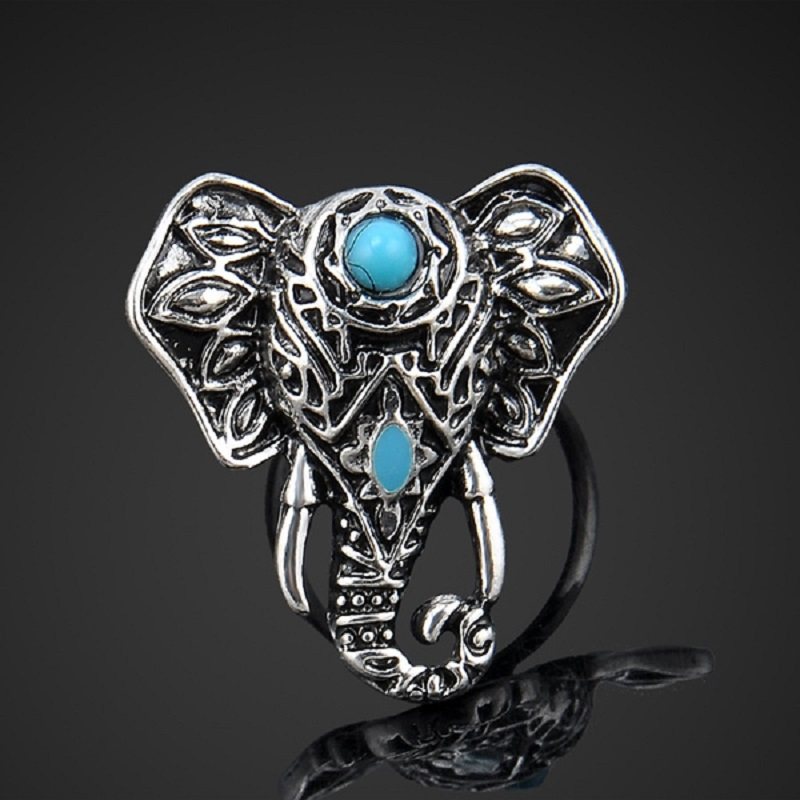 

Bohemian Elephant Turquoise Opening Adjustable Ring Vintage 1 Piece