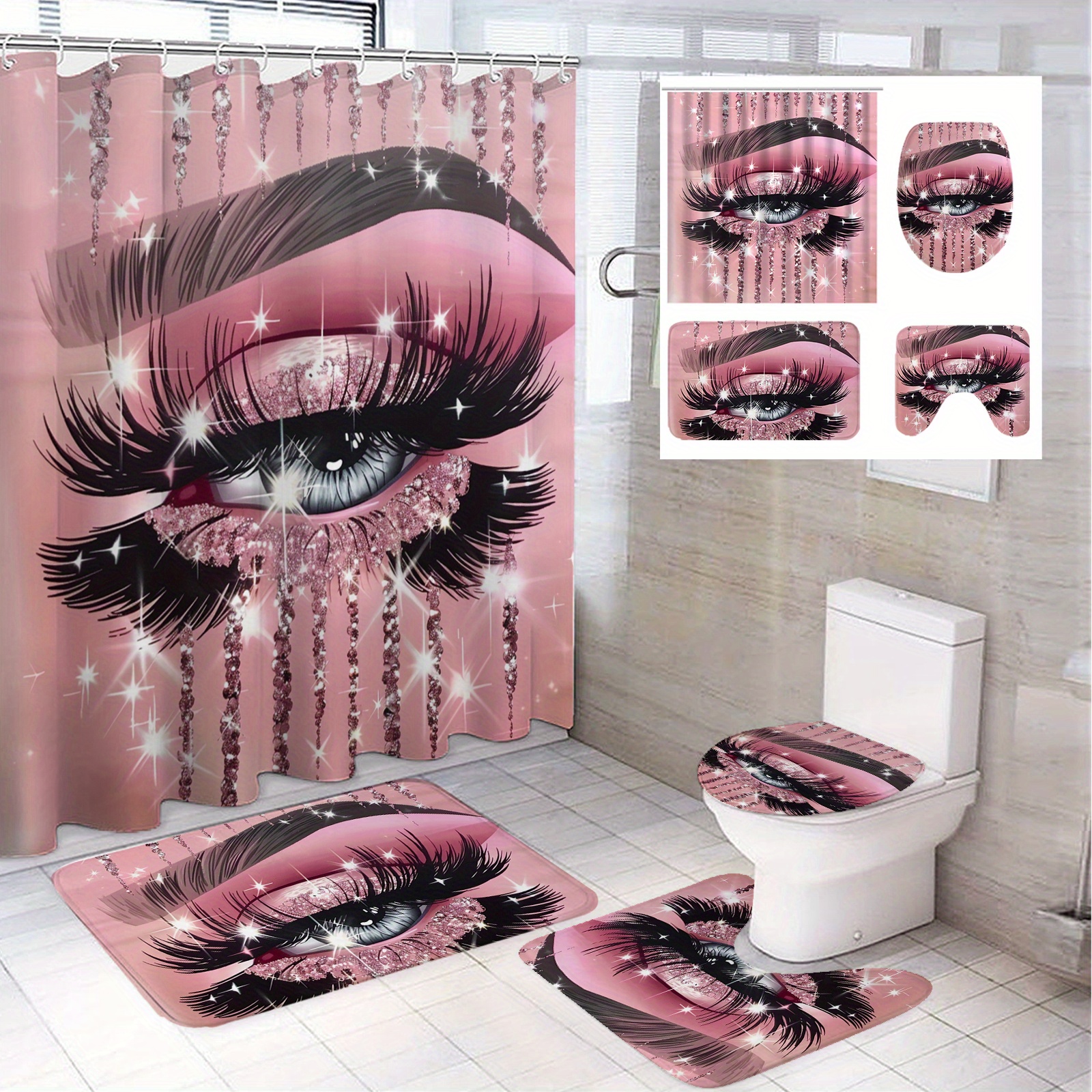 

1/4pcs Pink Abstract Eye Art Pattern Modern Bathroom Decor, Polyester Bathroom Set With 12 Hooks, Bathroom Non-slip Mat, Toilet Seat Cover And U-shaped Mat Home Decor 71*71in