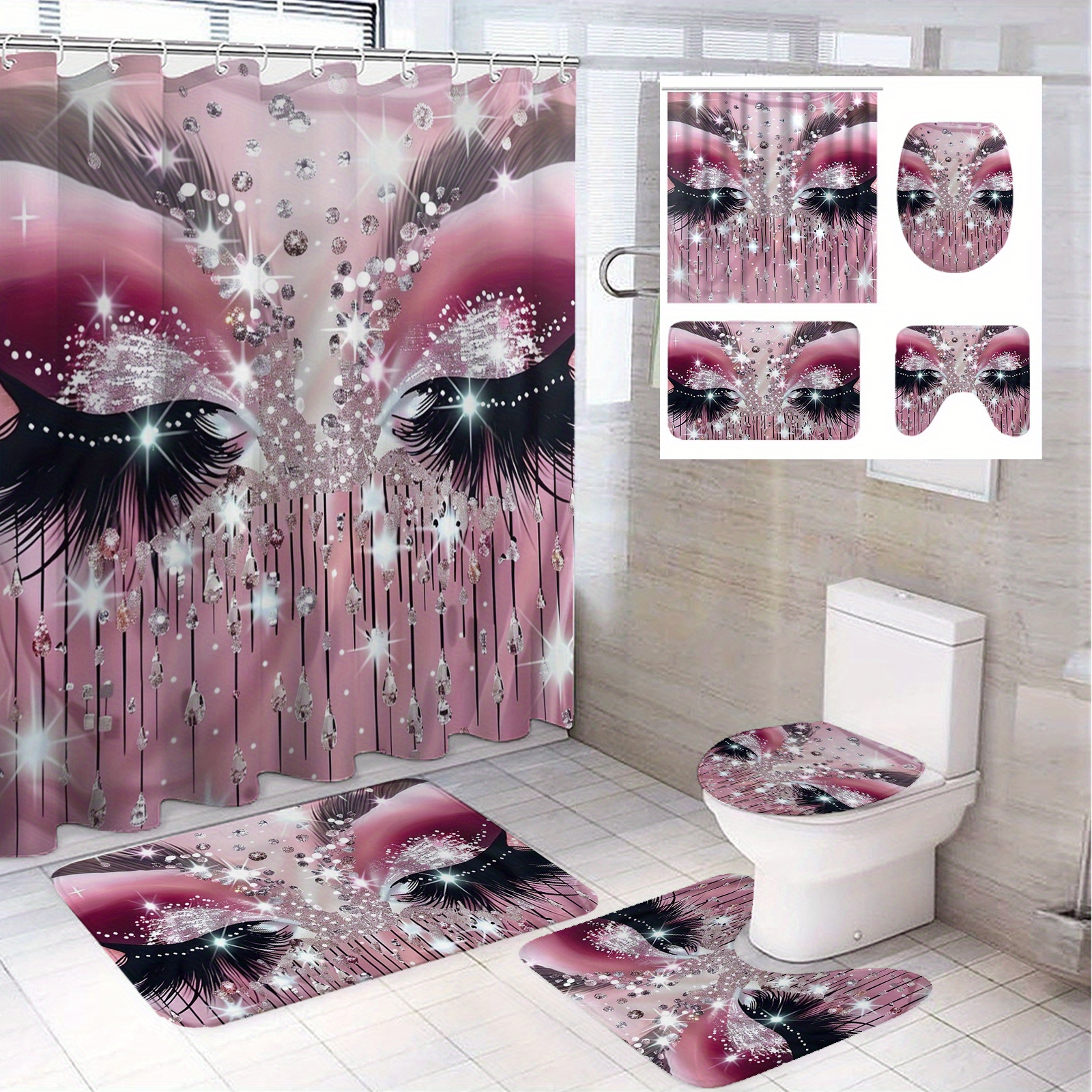 

1/4pcs Pink Crystal Decorative Eye Pattern Modern Bathroom Decoration, Polyester Bathroom Set With 12 Hooks, Bathroom Non-slip Floor Mat, Toilet Seat Cover And U-shaped Mat Home Decoration 71*71in