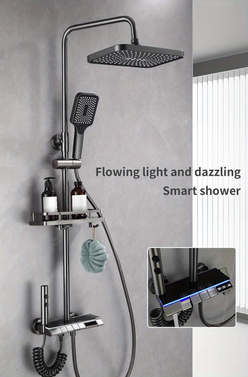 1set multi function bathroom shower system adjustable top spray and handheld showerhead metal 4 level button controls hot and cold options with storage shelf for toiletries shower gel shampoo details 0