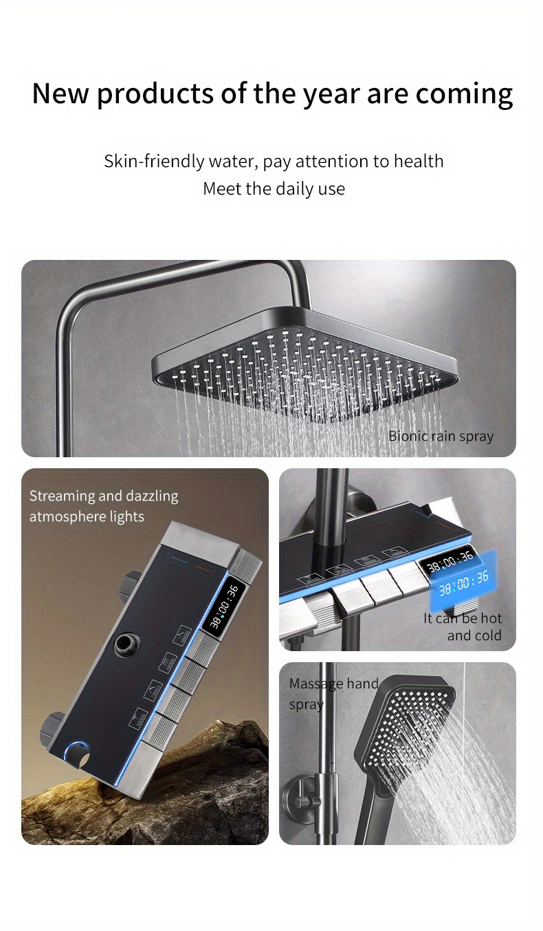 1set multi function bathroom shower system adjustable top spray and handheld showerhead metal 4 level button controls hot and cold options with storage shelf for toiletries shower gel shampoo details 1