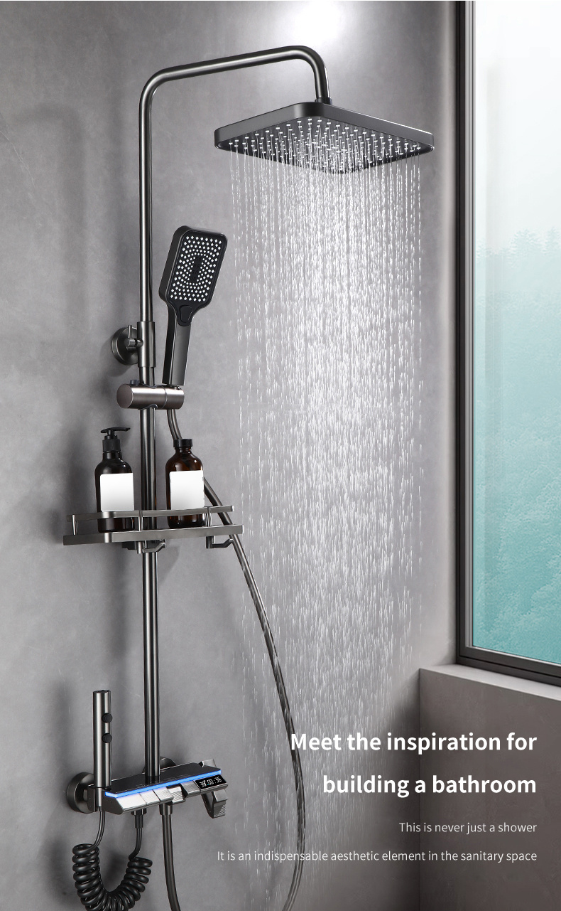 1set multi function bathroom shower system adjustable top spray and handheld showerhead metal 4 level button controls hot and cold options with storage shelf for toiletries shower gel shampoo details 2