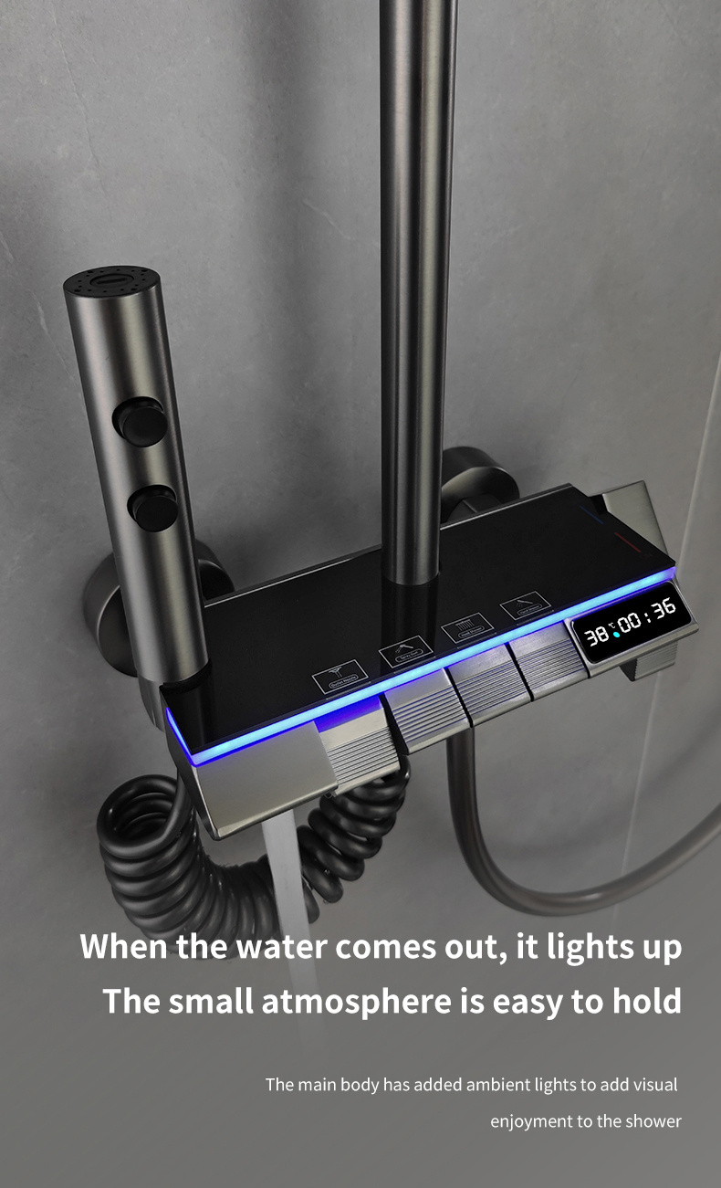 1set multi function bathroom shower system adjustable top spray and handheld showerhead metal 4 level button controls hot and cold options with storage shelf for toiletries shower gel shampoo details 4