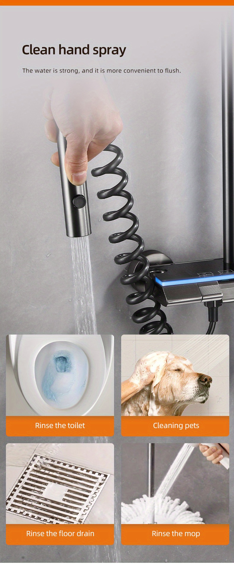 1set multi function bathroom shower system adjustable top spray and handheld showerhead metal 4 level button controls hot and cold options with storage shelf for toiletries shower gel shampoo details 12