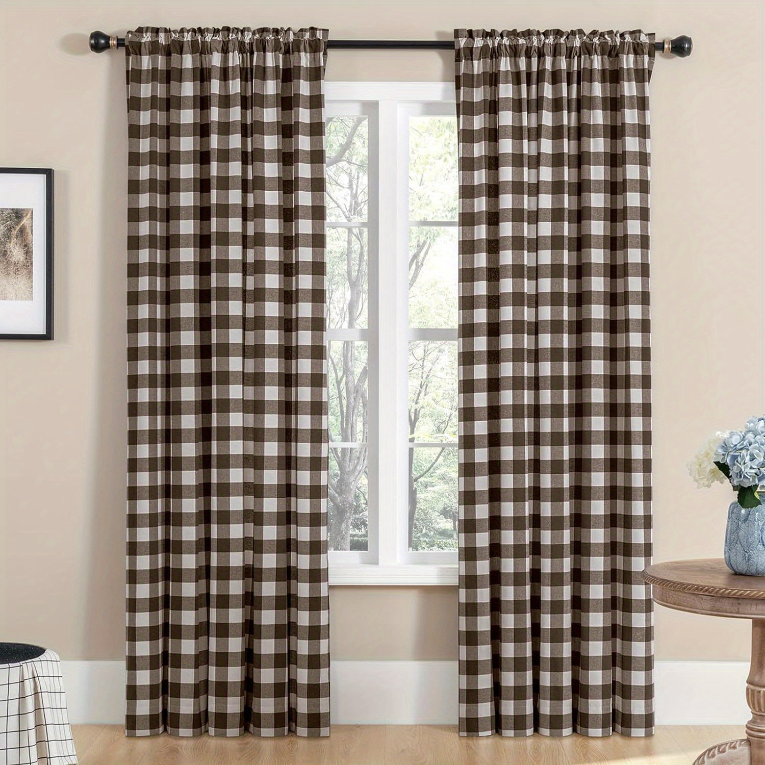 

2pcs Buffalo Check Curtains - Farmhouse Gingham Style, Cotton Texture Rod Pocket Semi Drapes For Living Room & Bedroom, Brown, Light-filtering, Machine Washable, Home Decor