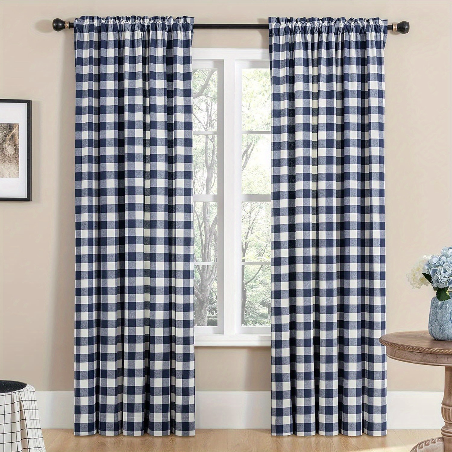 

2pcs Check Curtains For , Texture Rod Curtain Drapes,