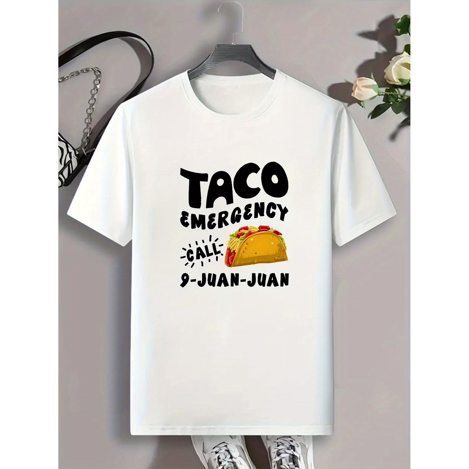 

Creative Taco Graphic Print, Men's Round Neck Short Sleeve T-shirt, Casual Comfy Lightweight Top For Summer