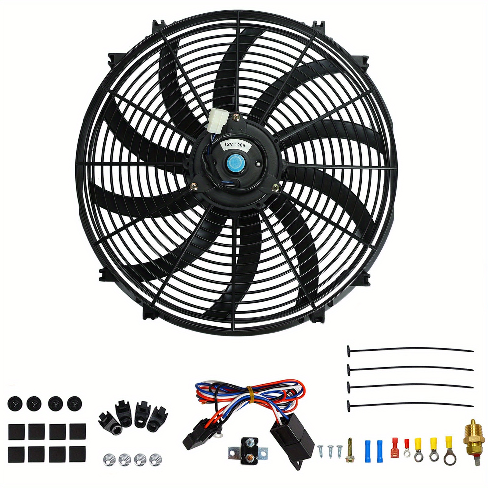 

16" Inch High Peformance 3000 Cfm Electric Radiator Cooling Silm Push Pull Fan W/ Thermostat Wiring Switch Relay Kit