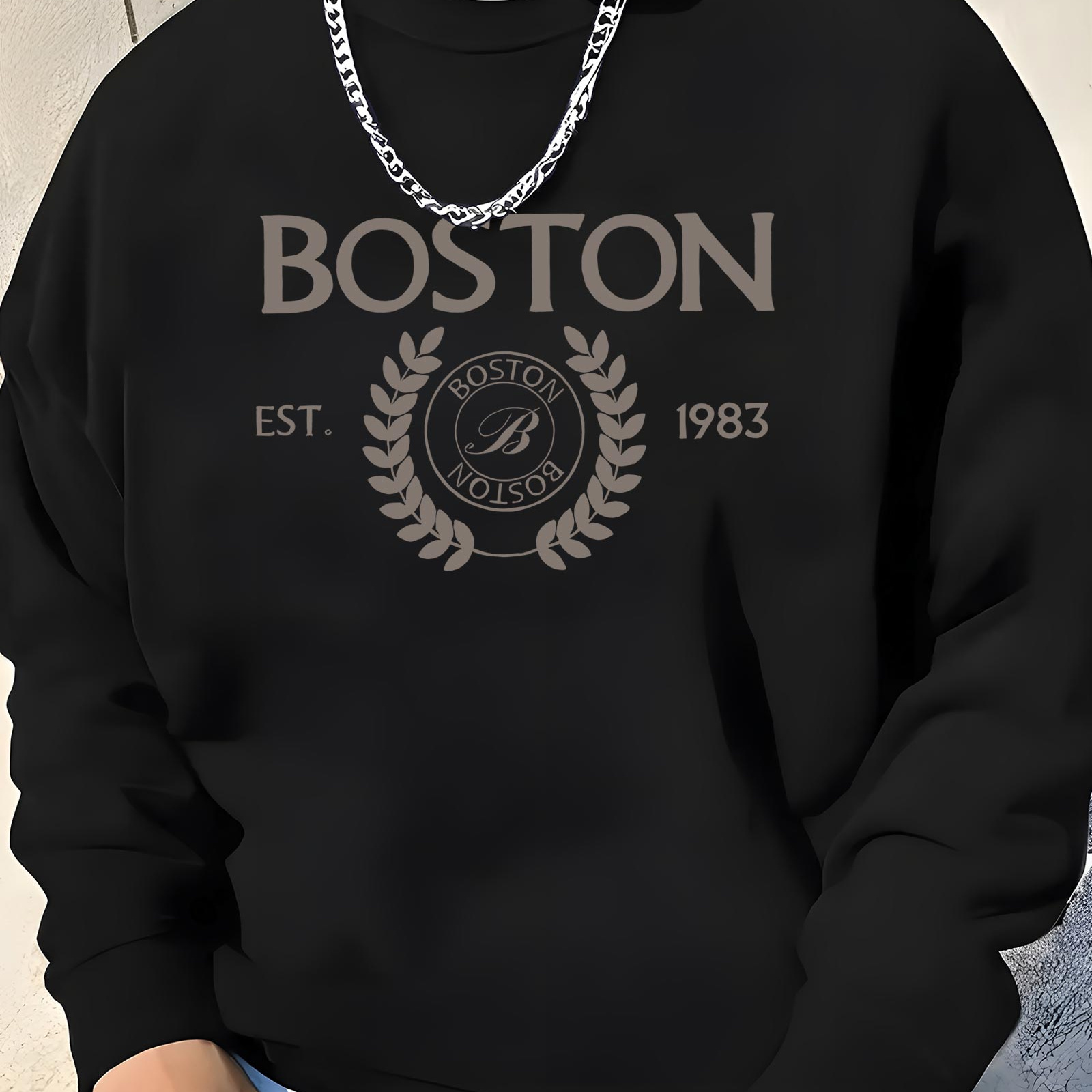 

Boston 1983 Print Men's Sweatshirt, Casual Long Sleeve Comfy Sweatshirt, Fashion Top For Outdoor And Daily Wear
