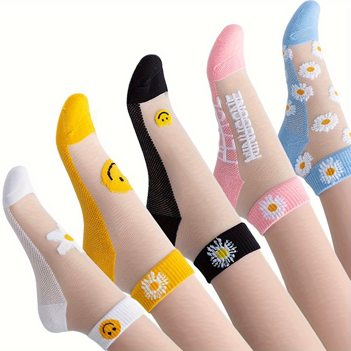 

5 Pairs Daisy & Smiling Face Pattern Socks, Stitching Glass Silk Breathable Short Socks, Women's Stockings & Hosiery