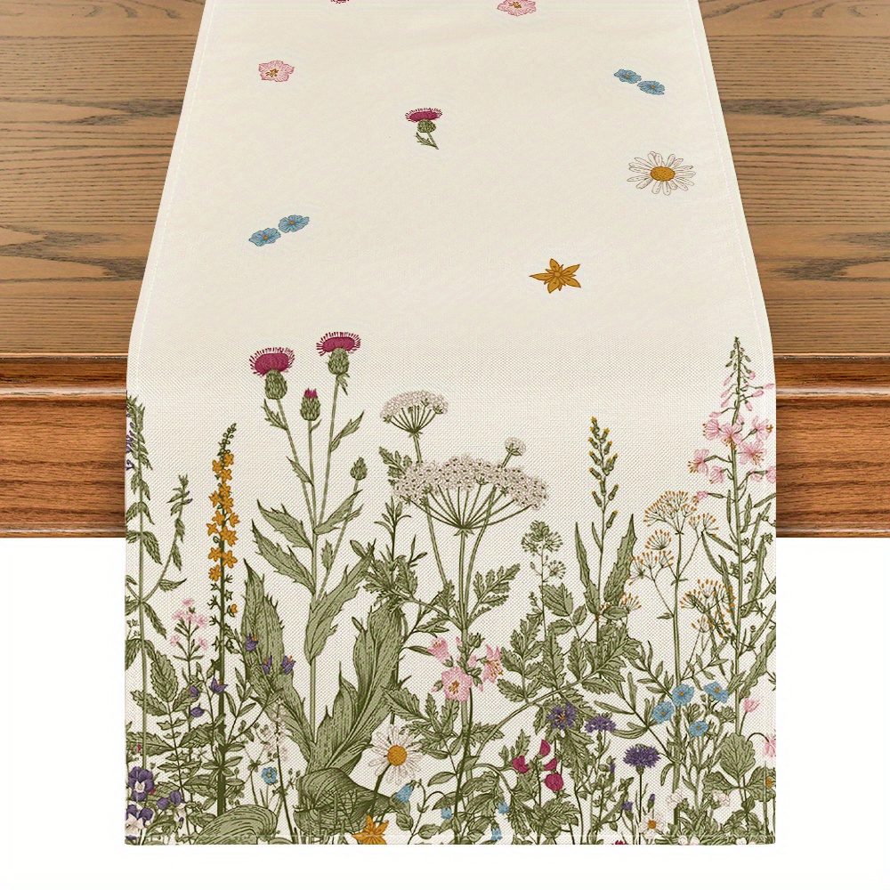 

Sm:)e 1pc Antique Herbs And Wild Flowers Summer Table Runner 13x72 Inch And Placemat 12x18/15 Inch 4pcs, Spring Fall Kitchen Dining Table Decoration For Home Party