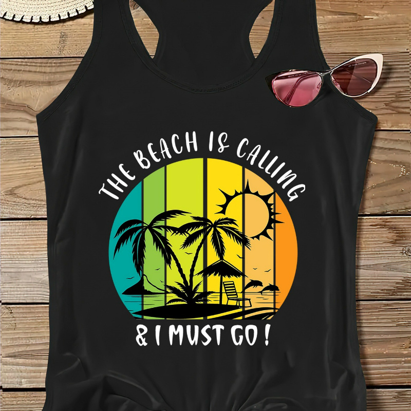 

Women's Fashion Sleeveless Tank Top, Beach Print, Round Neck, Sporty Style, Soft Casual Summer Wear