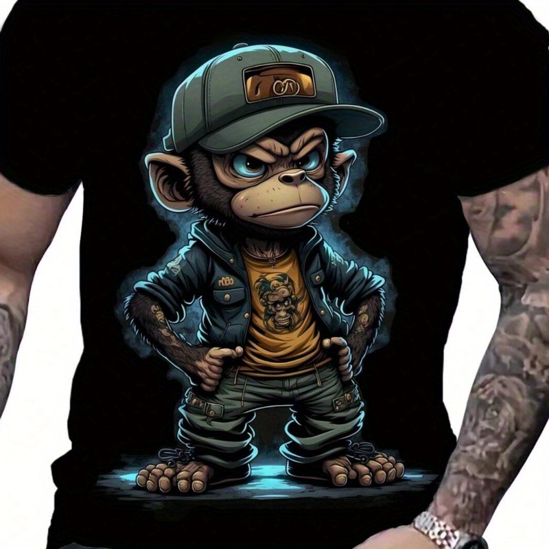 

Men's Cartoon Monkey Print T-shirt, Casual Short Sleeve Crew Neck T-shirt