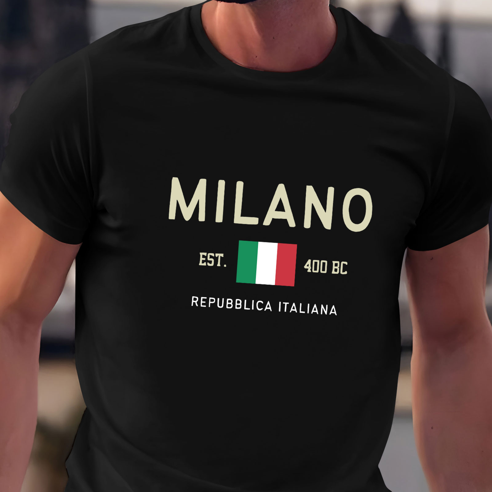 

Milano Letter Print Men's Crew Neck Short Sleeve T-shirt, Trendy Tees, Casual Comfortable Versatile Top For Summer, Outdoor Sports