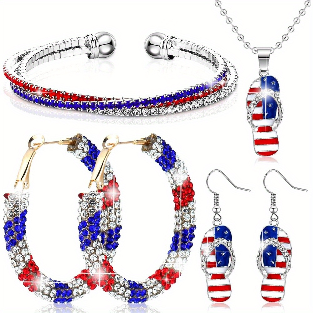 

4 Pcs 4th Of July Jewelry Set For Women Patriotic Earrings Independence Day Bracelet Usa American Flag Necklace Gifts