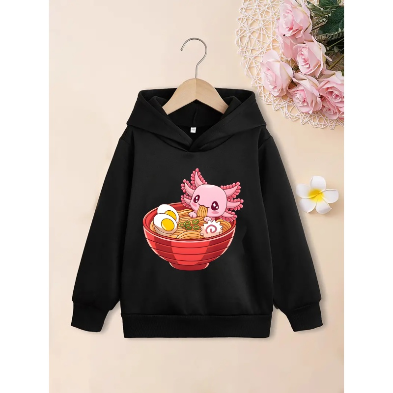 

Girls Hoodie With Cute Cartoon Axolotl & Ramen Bowl Print, Casual Pullover - Long Sleeve, Warm Sweatshirt For Everyday Wear