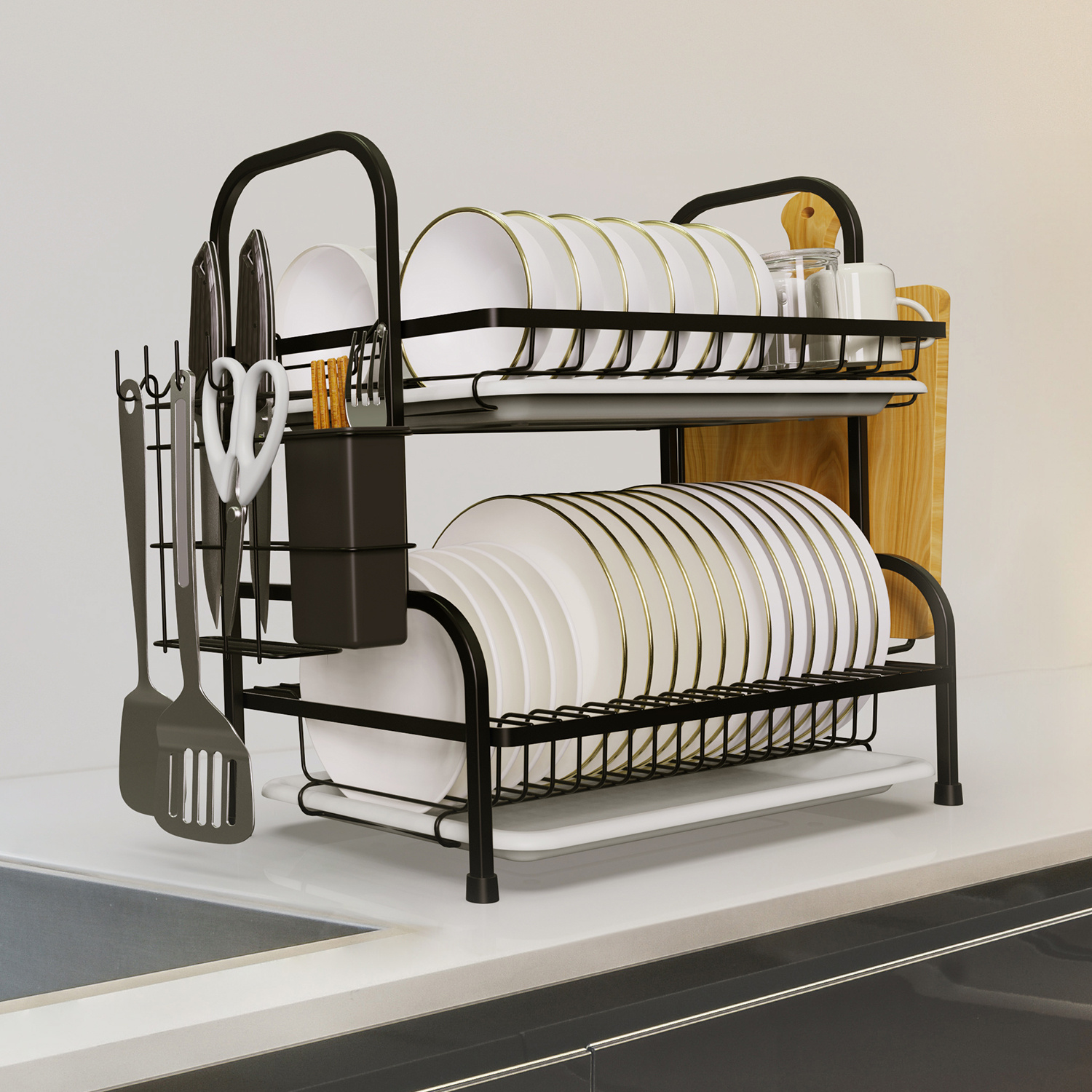 

2-tier Dish Rack For Kitchen, Dish Drying Rack With Drain Board Tray, Compact Dishing Rack With Utensil Holder, Cutting Board Holder, Kitchen Dishes Storage Organizer