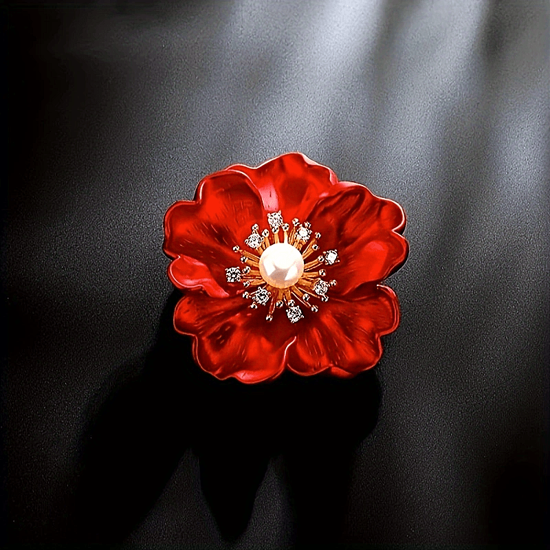 

1pc Elegant Red Flower Brooch Pin Inlaid White Faux Pearls Coat Suit Collar Pin Business Style Holiday Party Gifts