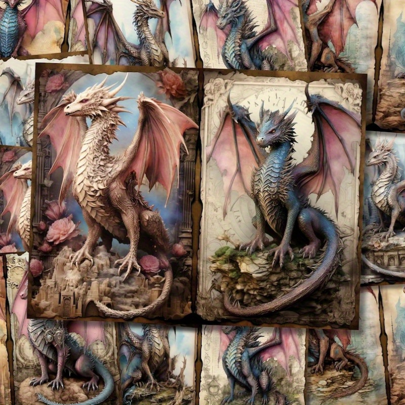 

Fantasy Dragon Scrapbook Paper Set, 5 Sheets - Perfect For Junk Journals, Art Projects & Calligraphy Collages Scrapbooking Embellishments Vintage Scrapbook Paper